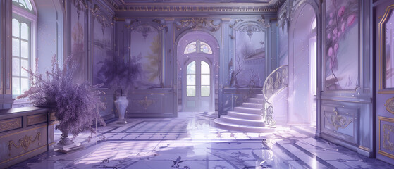 Fototapeta premium A digitally painted interior wing with sweeping, broad brushstrokes in a soothing palette of lavender and soft blues1
