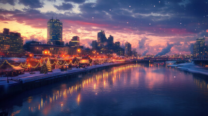 Fototapeta premium Cityscapes and reflections on the water at dusk during the Christmas and New Year festivals.