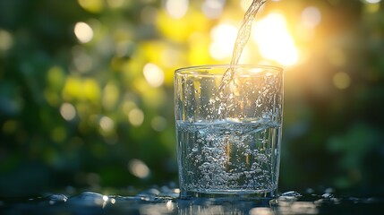 Pouring mineral water from natural spring into glass, providing pure refreshment and hydration