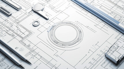 Close-up photo of a pencil on a drawing with technical drawings and mechanical parts in the background