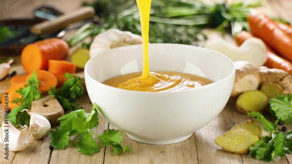 Wall mural ladling hearty vegetable soup into bowl