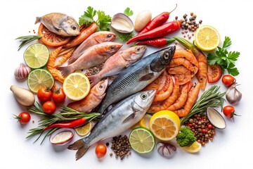 Fresh seafood, fish, and white background.