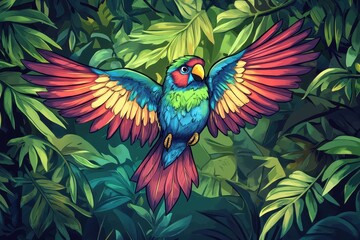 Obraz premium Colorful Bird with Wings Spread in Jungle Foliage