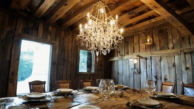 Dramatic pan video of a rustic dining room with side lighting, reclaimed barn wood walls, vintage crockery, and a chandelier