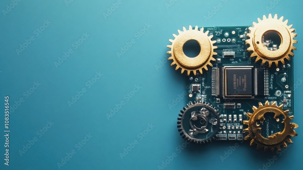 Leinwandbilder a microprocessor is placed on a blue surface, encircled by golden gears, highlighting its mechanical