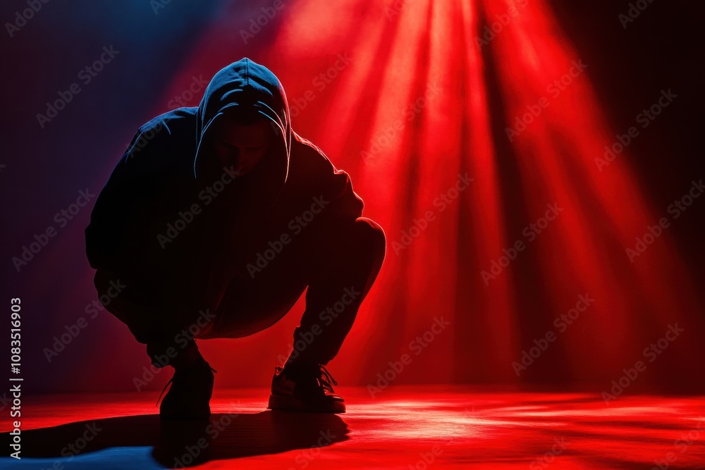Poster a crouching burglar lurks in a dimly lit alley, highlighted by bold red and blue lights, creating a 
