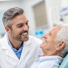 Fototapeta premium Dentist Smiling with Elderly Patient, Dental Checkup, Geriatric Dentistry, Oral Healthcare for Seniors, Patient and Dentist Interaction, Friendly Medical Care, Senior Dental Health