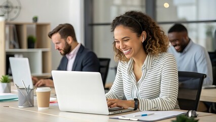 Obraz premium Smiling Professional Woman Working on Laptop with Colleagues, Collaborative Office Environment, Productive Workday, Modern Workspace, Teamwork and Focus, Digital Technology in the Workplace