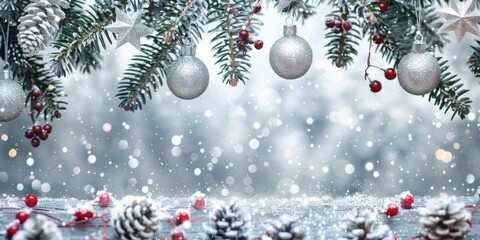 Obraz premium A festive holiday scene with a wintry background, featuring a light gray wooden surface in the foreground, dusted with snow.
