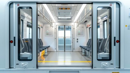 Fototapeta premium A light rail vehicle with passenger doors open, isolated on white background