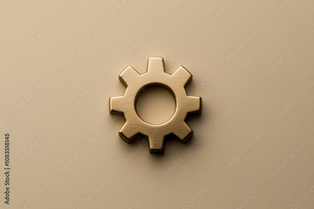 Poster this brass gear symbol rests on a neutral beige surface, showcasing its design and texture in a simp