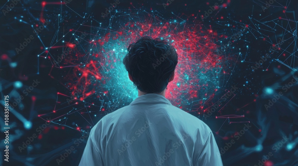Poster scientist analyzing data patterns in virtual space digital environment conceptual viewpoint