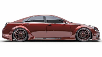 A luxury sedan with tinted windows and shiny rims, isolated on white background