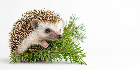 Hedgehog with a fir branch, on white background, Christmas preparation concept, copyspace