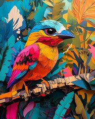Fototapeta premium Colorful Bird in Tropical Jungle Collage, Abstract Wildlife Artwork, Vibrant Mixed Media Illustration, Bold and Creative Nature Art, Modern Home Decor