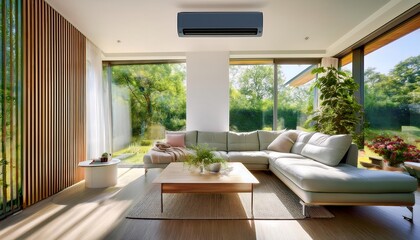 Fototapeta premium A modern living area featuring a sleek, energy-efficient air conditioner, seamlessly blending with the minimalist design. The space exudes comfort and sustainability, filled refreshing natural air.