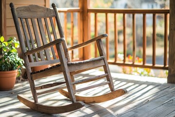 A rustic wooden rocking chair on a porch, surrounded by plants and natural light.