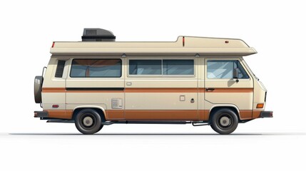 A modern camper van with rooftop equipment, isolated on white background
