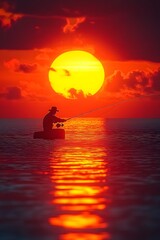 A fisherman silhouetted against a vibrant sunset over the ocean, creating a serene atmosphere.