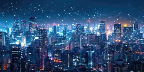 Fototapeta premium A cityscape at night with glowing lines representing digital network connections between buildings and infrastructure.