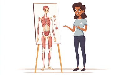 Fototapeta premium a 2D cartoon illustration of a teacher explaining a lesson with a whiteboard, clear and engaging, white background--ar 16:9