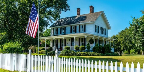 A classic American home with a large flag flying proudly in the front yard, surrounded by a white picket fence and greenery.