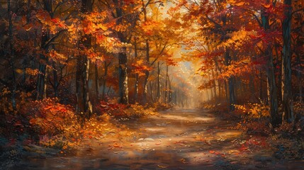 Obraz premium Autumnal forest path, vibrant fall foliage.