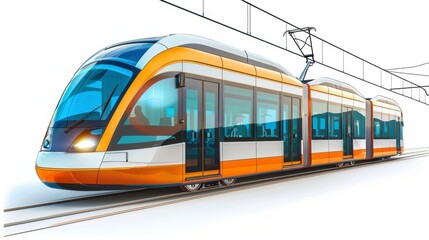 A modern tram with large windows, isolated on white background