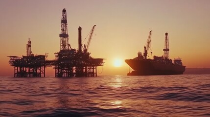 Obraz premium Offshore oil drilling at sunset in Huntington Beach, California, industrial machinery extracting fossil fuels like crude oil and natural gas, highlighting energy production and environmental concerns