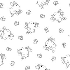 Fototapeta premium Cute axolotl character. Seamless pattern. Coloring Page. Kawaii ambystoma amphibian different poses. Vector drawing. Design ornaments.