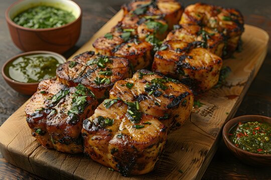 Grilled Chicken with Chimichurri Sauce on Wooden Board for Gourmet Dining and BBQ