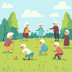 Naklejka premium Elderly community enjoying lawn games in the afternoon, sunny day, flat design illustration