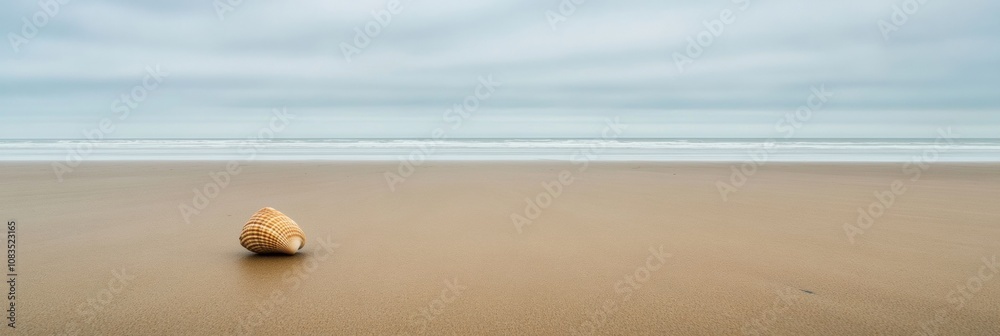 Poster A single seashell lies on the smooth sand of a quiet beach with gentle waves lapping in the background on a cloudy day. Generative AI
