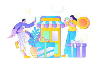 Naklejka premium Holiday shopping people doing e-commerce online shopping flat vector concept operation hand drawn illustration 