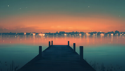 Fototapeta premium Serene nightscape of a wooden dock extending into a calm lake, reflecting a distant city skyline at sunset.
