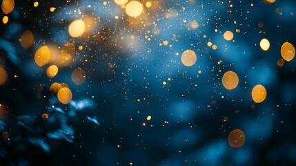 Obraz premium A blue background with golden bokeh lights blur, Abstract glow light blur bokeh background