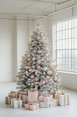 A large, frosted Christmas tree with pink and gold ornaments, surrounded by presents under it. Light-colored room with a large window