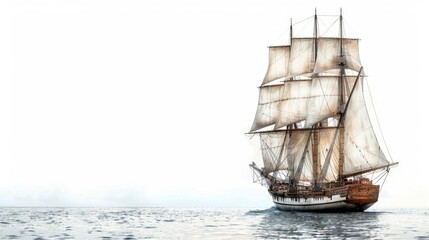 A sailboat with raised sails, isolated on white background