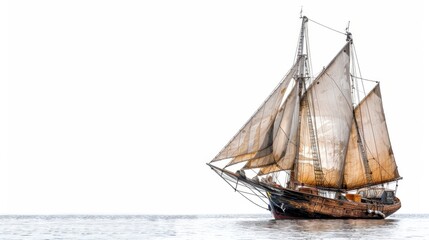 A sailboat with raised sails, isolated on white background