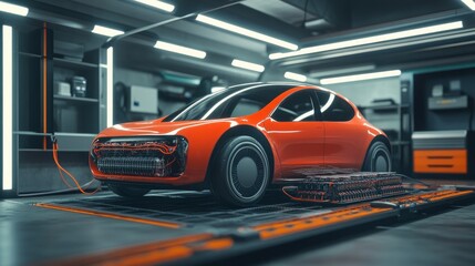 Fototapeta premium A 3D electric car on a battery module platform in a sleek garage.