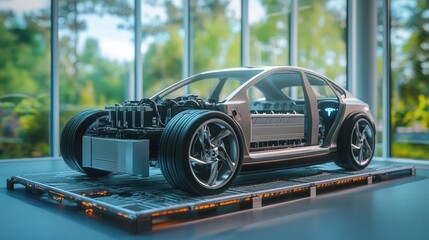 Fototapeta premium A 3D electric car on a battery module platform in a sleek garage.