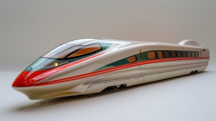 A sleek bullet train model, designed for high-speed travel, isolated on a white background