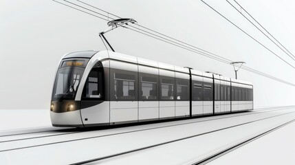 A sleek city tram with overhead wires, isolated on a white background