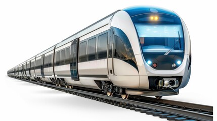 A sleek commuter train with sliding doors, isolated on a white background