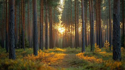A forest with a path through it and a sun shining through the trees