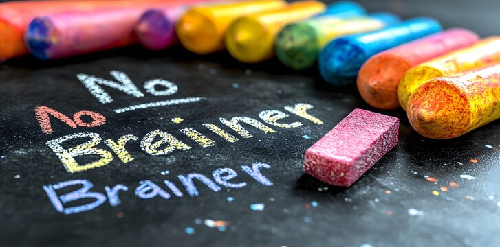 Chalkboard with No Brainer Written in Colorful Chalk