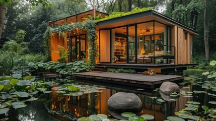 Obraz premium Modern eco-friendly house on a pond.