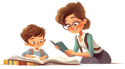 a 2D cartoon illustration of a teacher helping a student with a math problem, caring and supportive, white background--ar 16:9