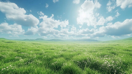 Obraz premium Green grass field and colorful sky clouds at sunset.