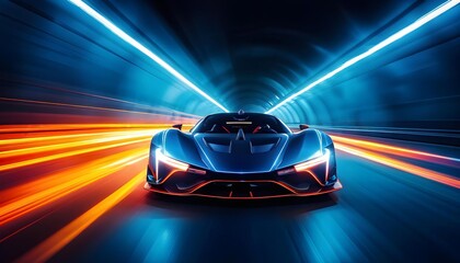 Obraz premium Futuristic supercar in motion, neon lights, high-speed tunnel, perfect for tech ads